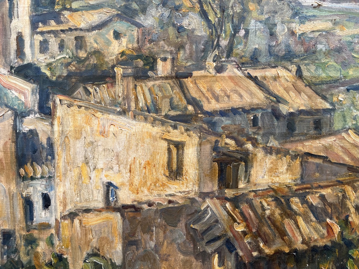 Germain David-Nillet (Parigi, 1861–1932) – Veduta di borgo e paesaggio montano, firmato -photo-7