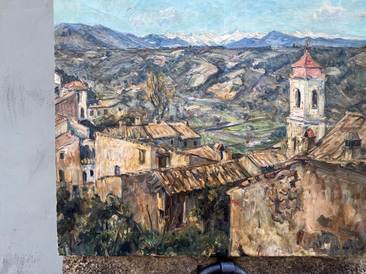 Germain David-Nillet (Parigi, 1861–1932) – Veduta di borgo e paesaggio montano, firmato 