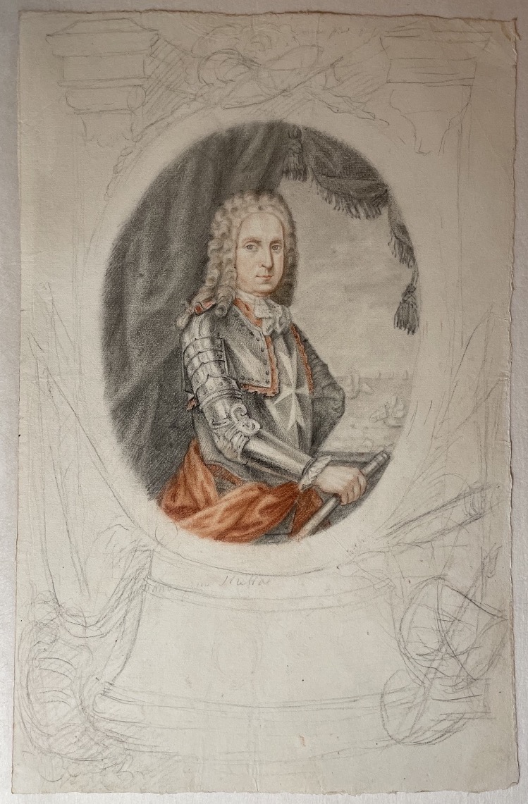 Disegno XVIII secolo, Gran Maestro di Malta Ramón Perellós, studio preparatorio per stampa  