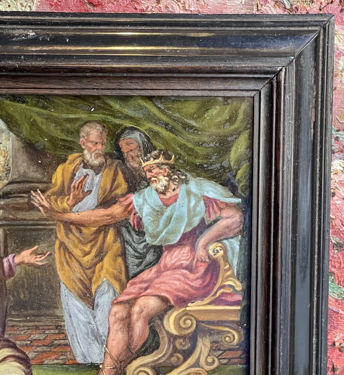 Mosè e Aronne davanti al Faraone, pittura sottovetro, cornice originale. XVII secolo-photo-4