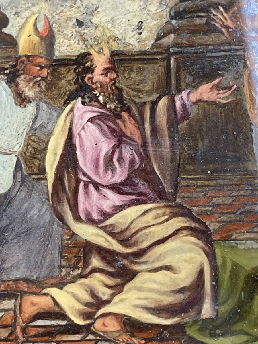 Mosè e Aronne davanti al Faraone, pittura sottovetro, cornice originale. XVII secolo-photo-3