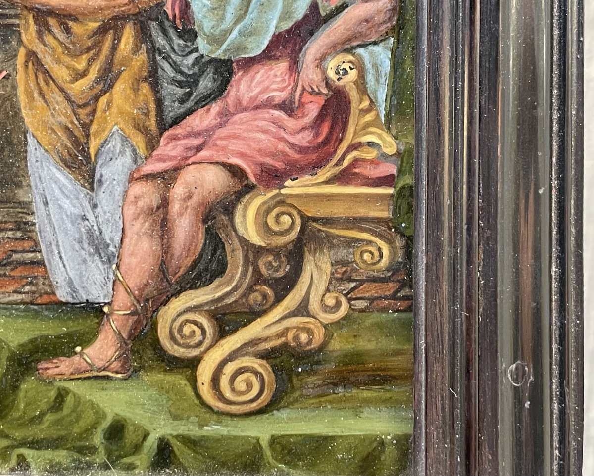 Mosè e Aronne davanti al Faraone, pittura sottovetro, cornice originale. XVII secolo-photo-4