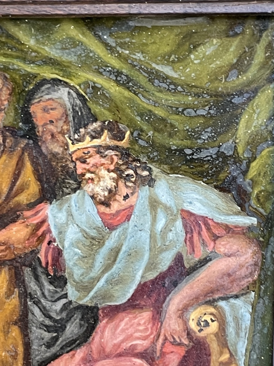 Mosè e Aronne davanti al Faraone, pittura sottovetro, cornice originale. XVII secolo-photo-5