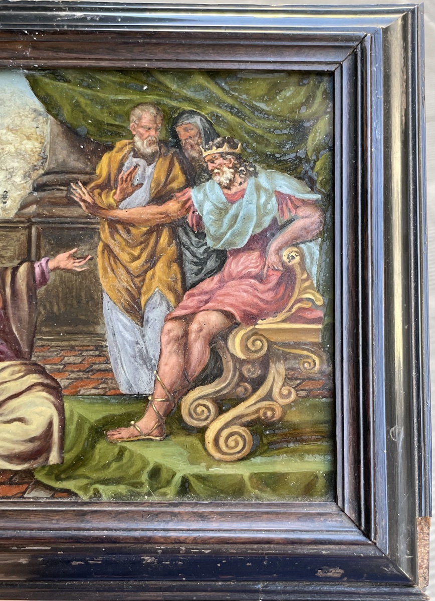 Mosè e Aronne davanti al Faraone, pittura sottovetro, cornice originale. XVII secolo-photo-6