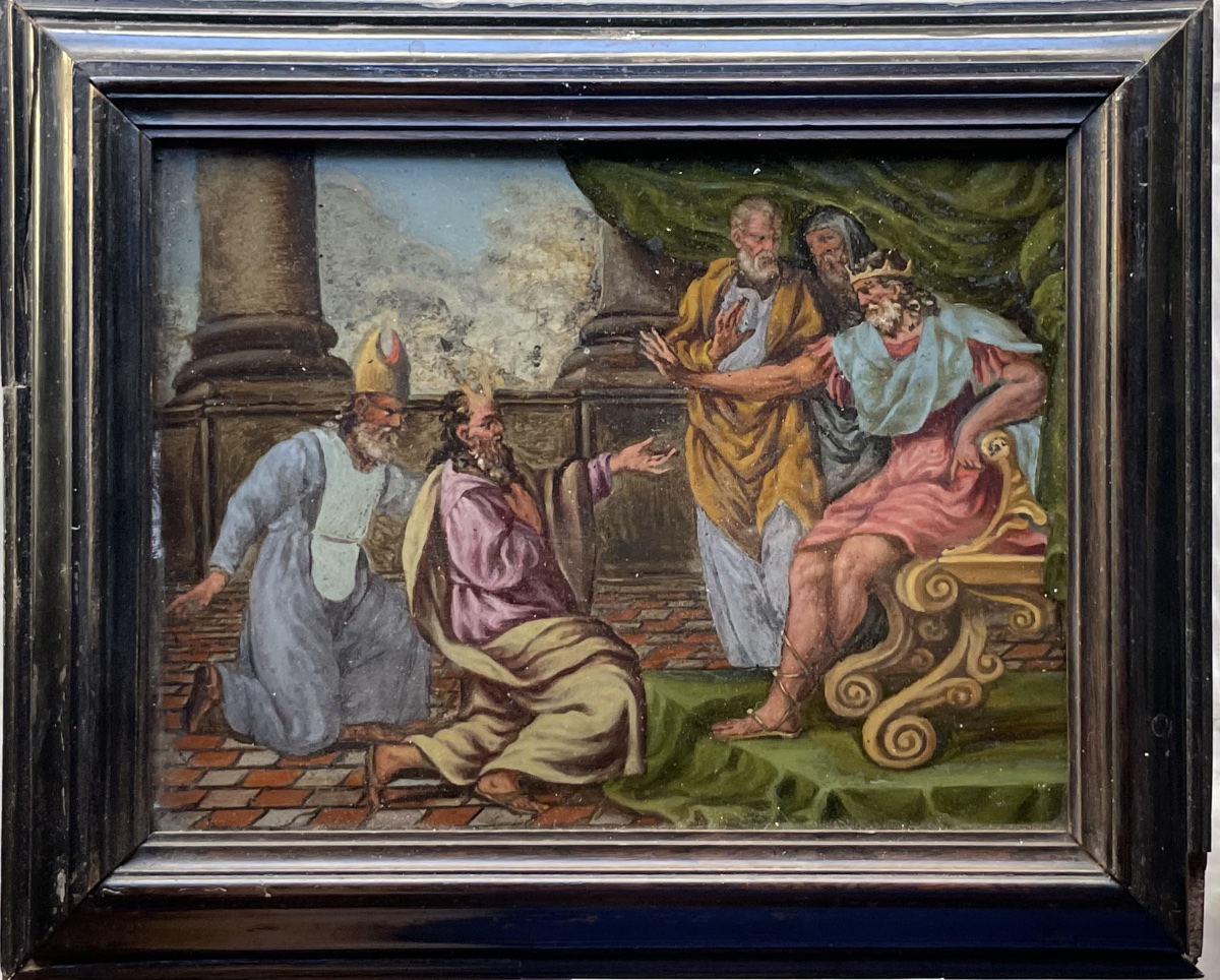 Mosè e Aronne davanti al Faraone, pittura sottovetro, cornice originale. XVII secolo