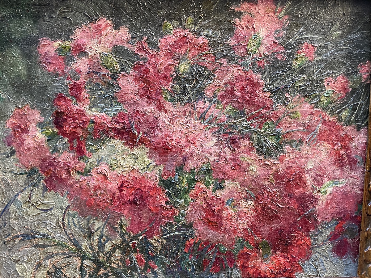 Natura morta con mazzo di garofani rosa – Cayo Guadalupe, scuola spagnola, primo Novecento -photo-2