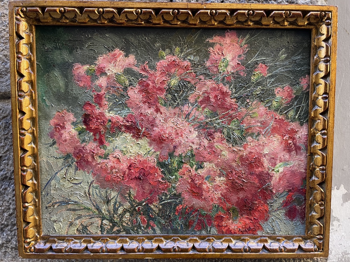 Natura morta con mazzo di garofani rosa – Cayo Guadalupe, scuola spagnola, primo Novecento -photo-4