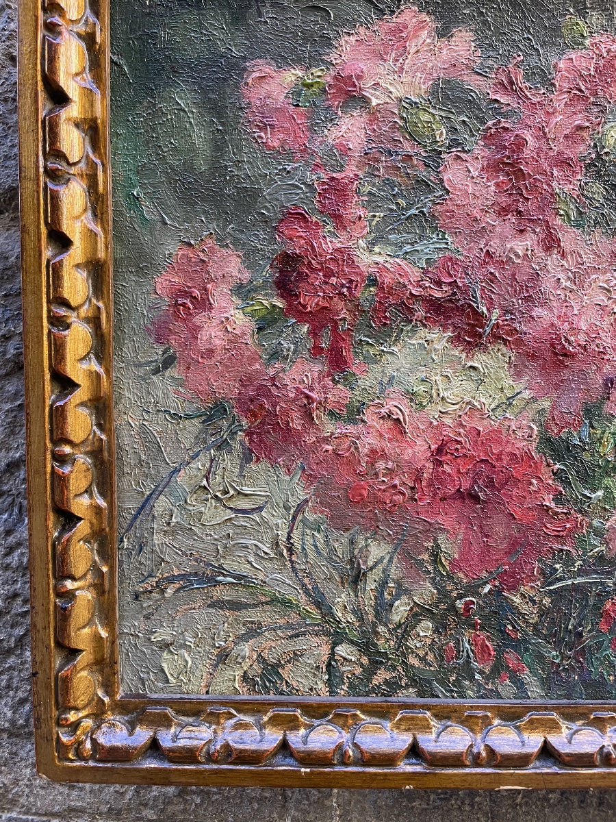 Natura morta con mazzo di garofani rosa – Cayo Guadalupe, scuola spagnola, primo Novecento -photo-2
