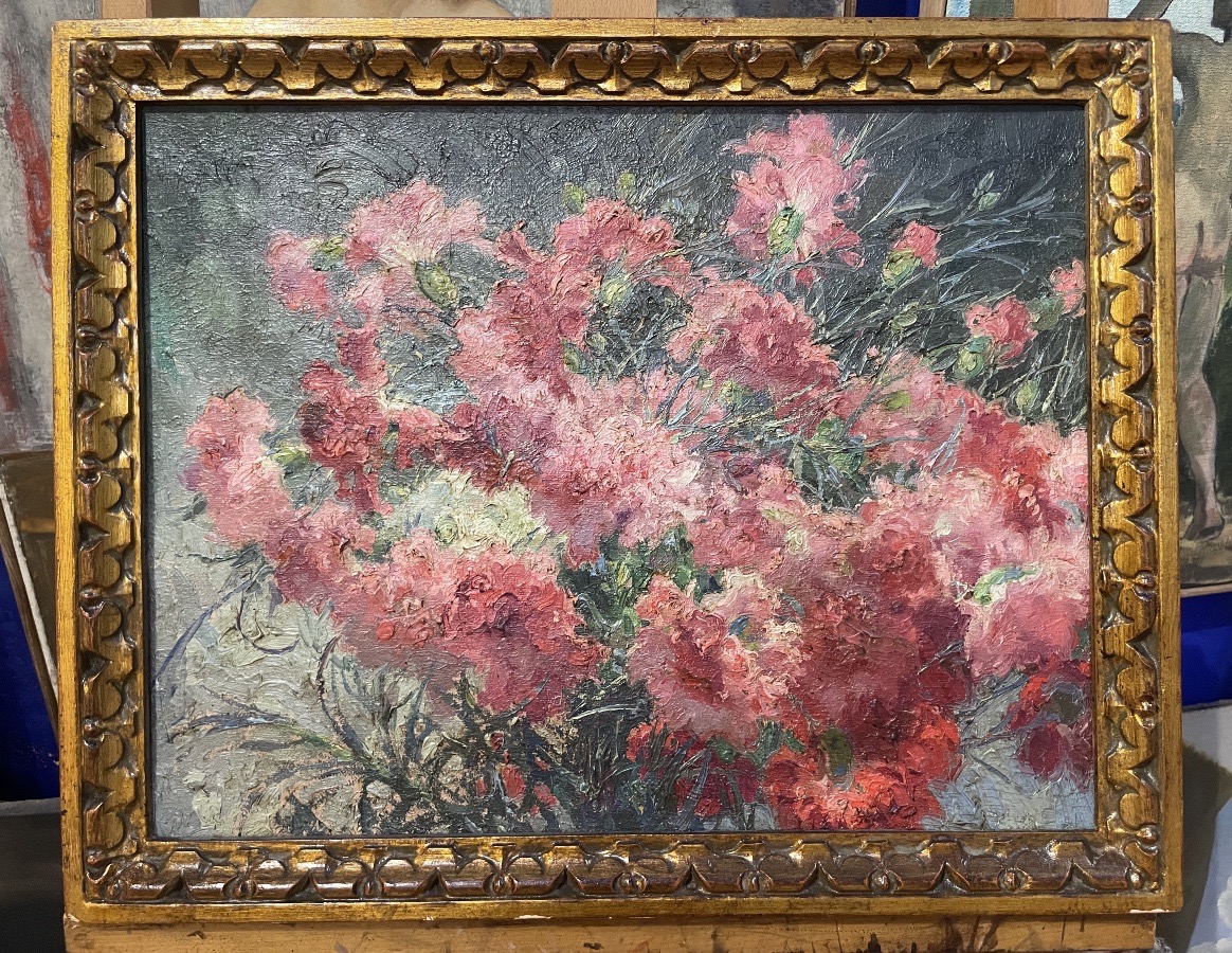 Natura morta con mazzo di garofani rosa – Cayo Guadalupe, scuola spagnola, primo Novecento 