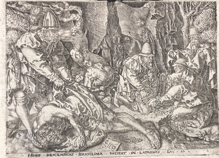 Heinrich Aldegrever, incisione a bulino, Buon Samaritano, XVI secolo, 1554  