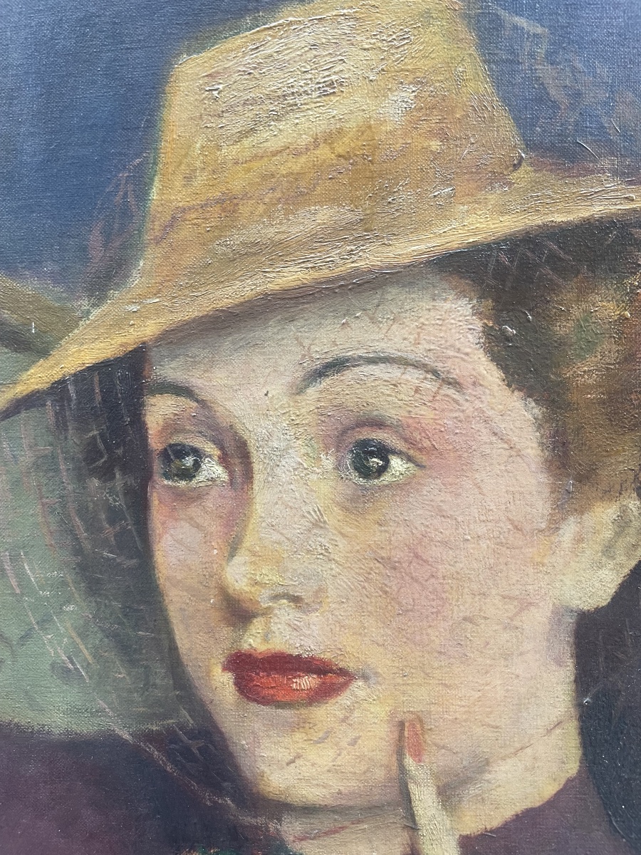 Anni ‘40. Ritratto di donna con cappello a veletta, scuola francese, firmato Vanier  -photo-2