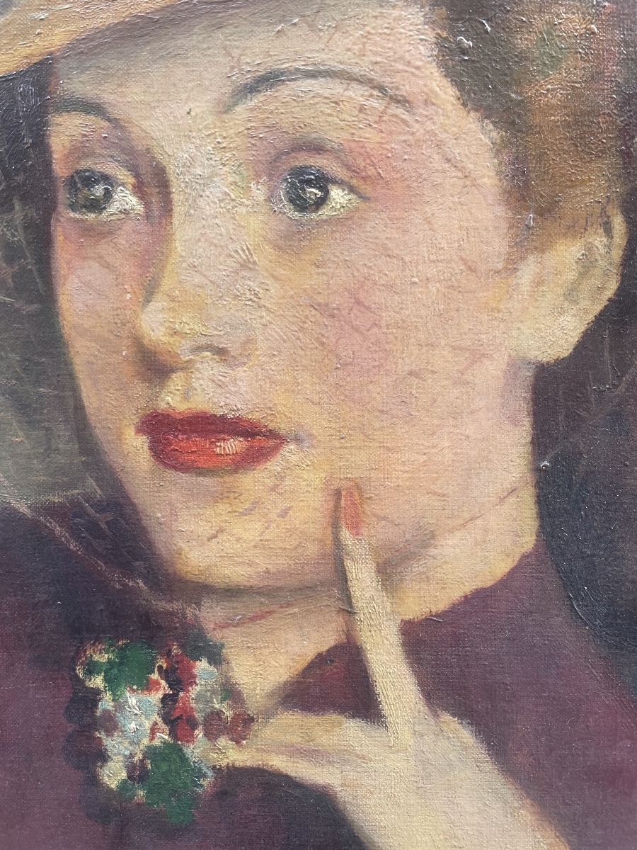 Anni ‘40. Ritratto di donna con cappello a veletta, scuola francese, firmato Vanier  -photo-3