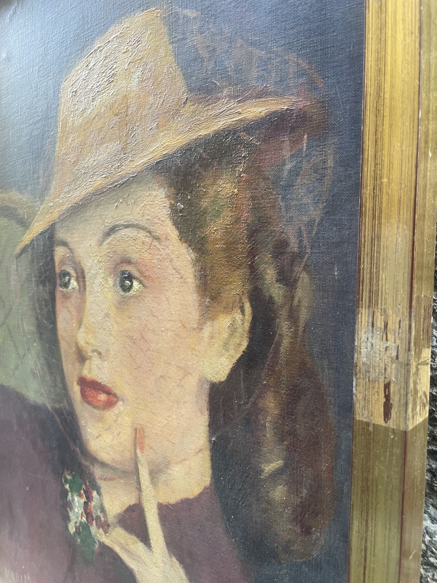 Anni ‘40. Ritratto di donna con cappello a veletta, scuola francese, firmato Vanier  -photo-2