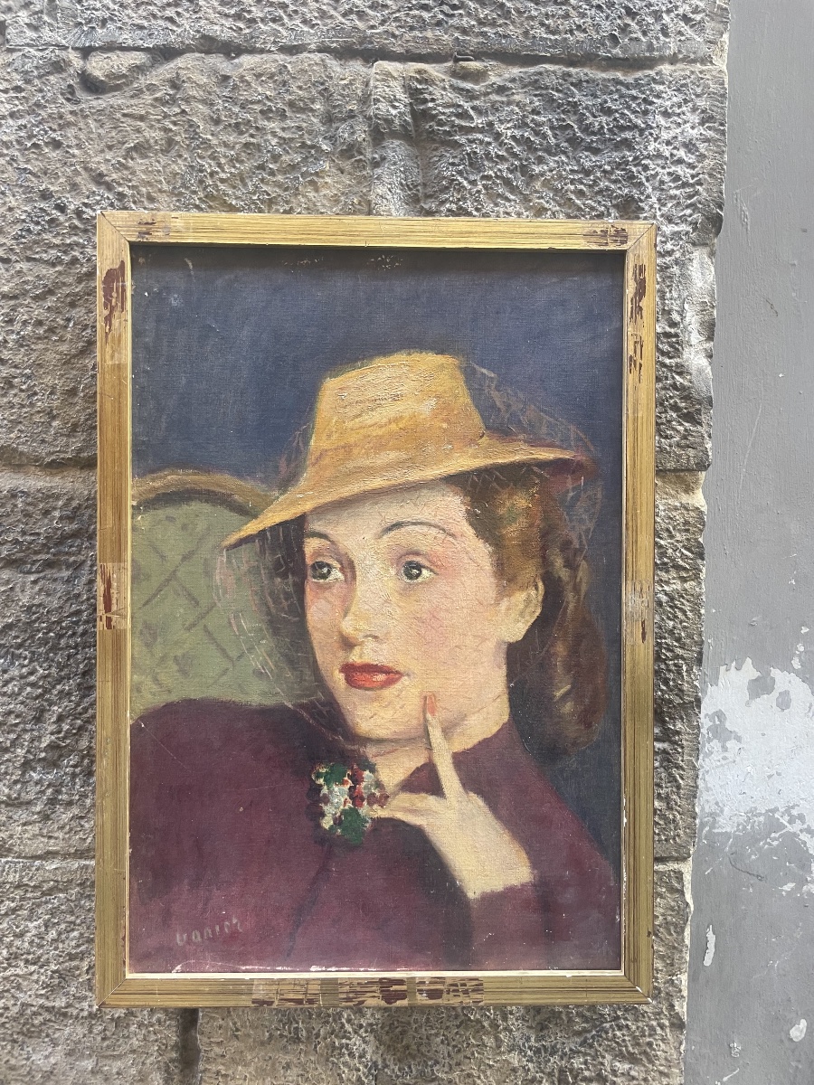 Anni ‘40. Ritratto di donna con cappello a veletta, scuola francese, firmato Vanier  -photo-5