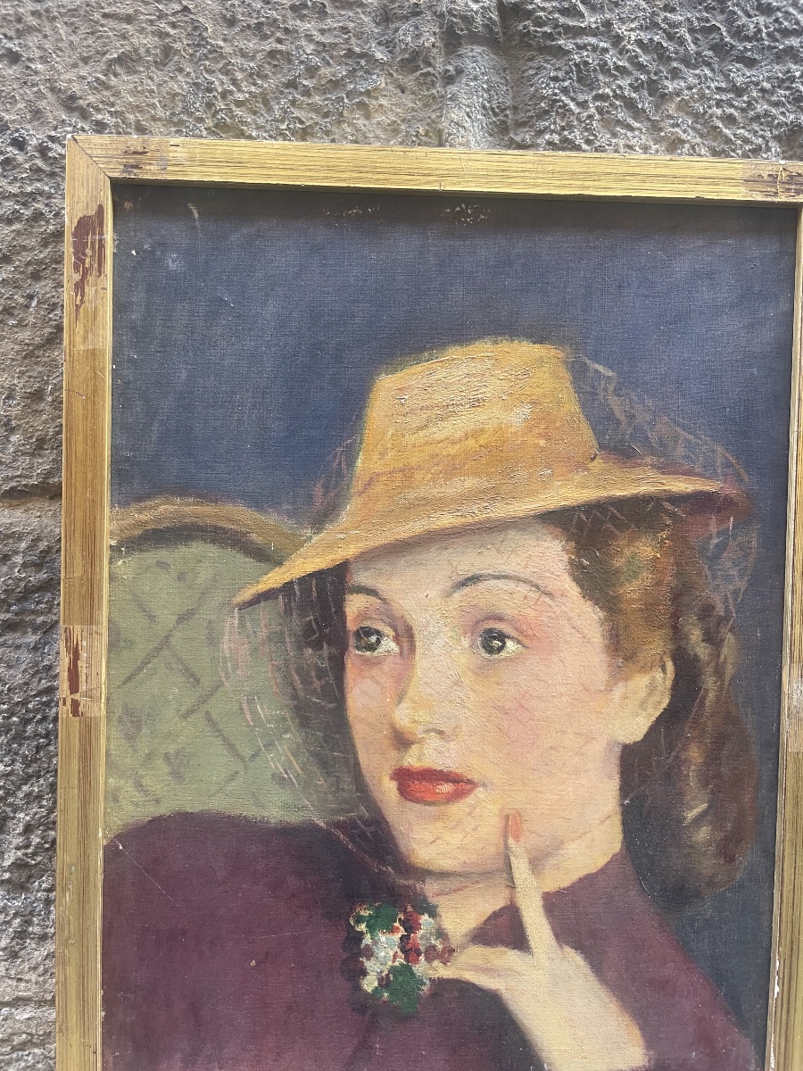 Anni ‘40. Ritratto di donna con cappello a veletta, scuola francese, firmato Vanier  -photo-8