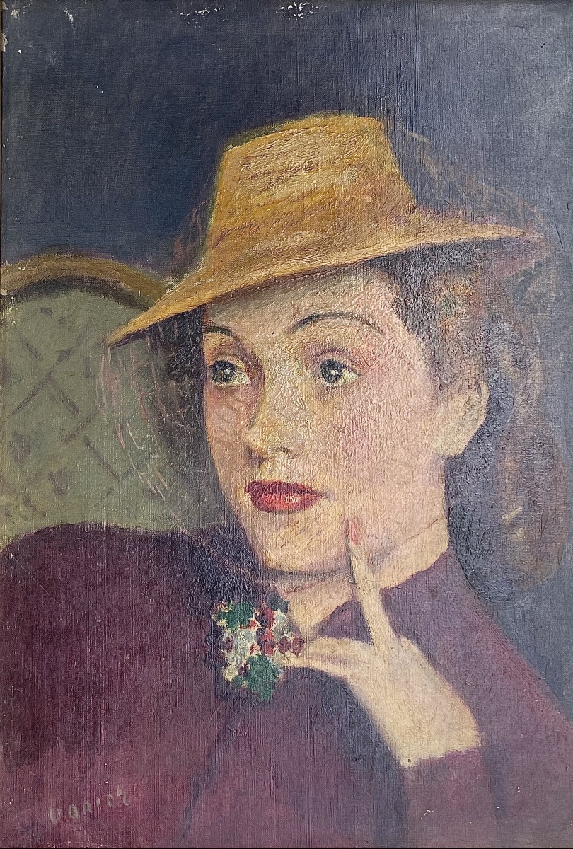 Anni ‘40. Ritratto di donna con cappello a veletta, scuola francese, firmato Vanier  