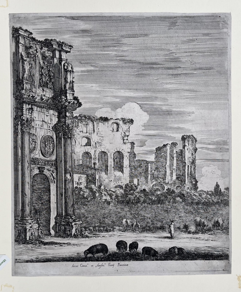 Stefano della Bella, Arco di Costantino e Colosseo, acquaforte XVII secolo, filigrana Colbert  