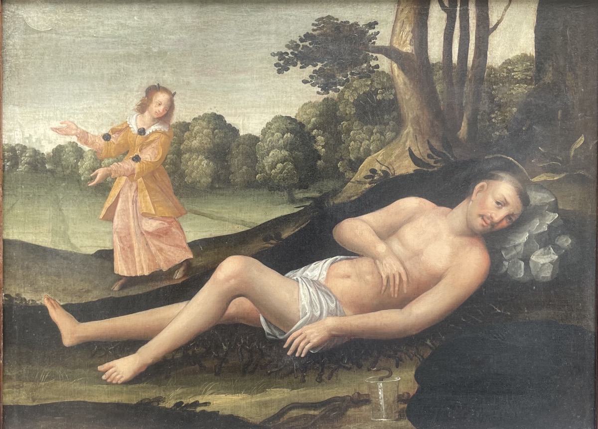Tentazione di san Benedetto con demone in veste di dama, franco-fiammingo, XVII sec