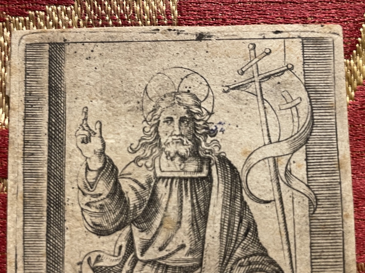 Marcantonio Raimondi, Salvator Mundi, incisione a bulino, collezione Böhm. XVI secolo-photo-2