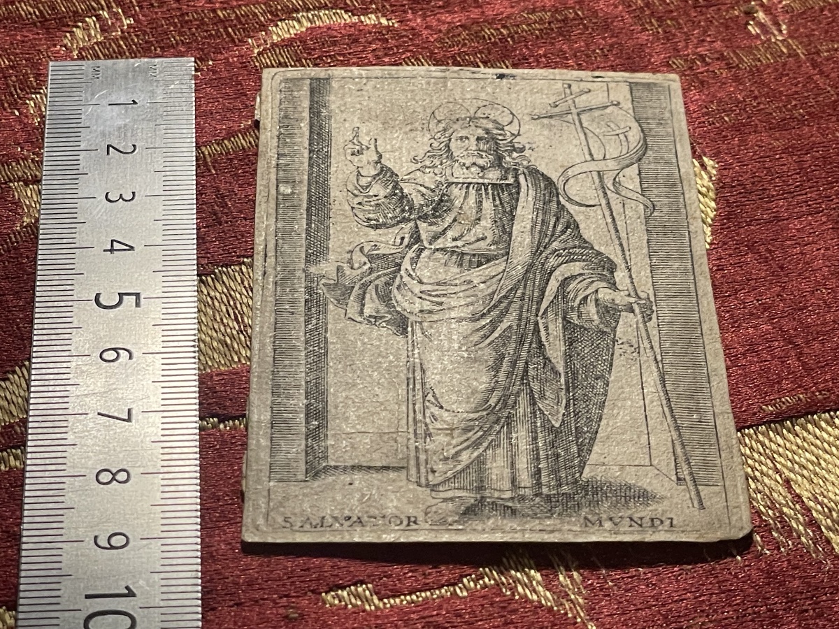 Marcantonio Raimondi, Salvator Mundi, incisione a bulino, collezione Böhm. XVI secolo-photo-4