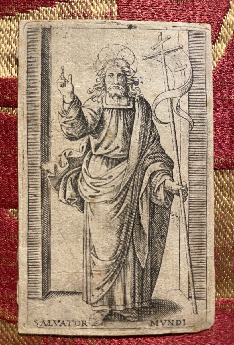 Marcantonio Raimondi, Salvator Mundi, incisione a bulino, collezione Böhm. XVI secolo
