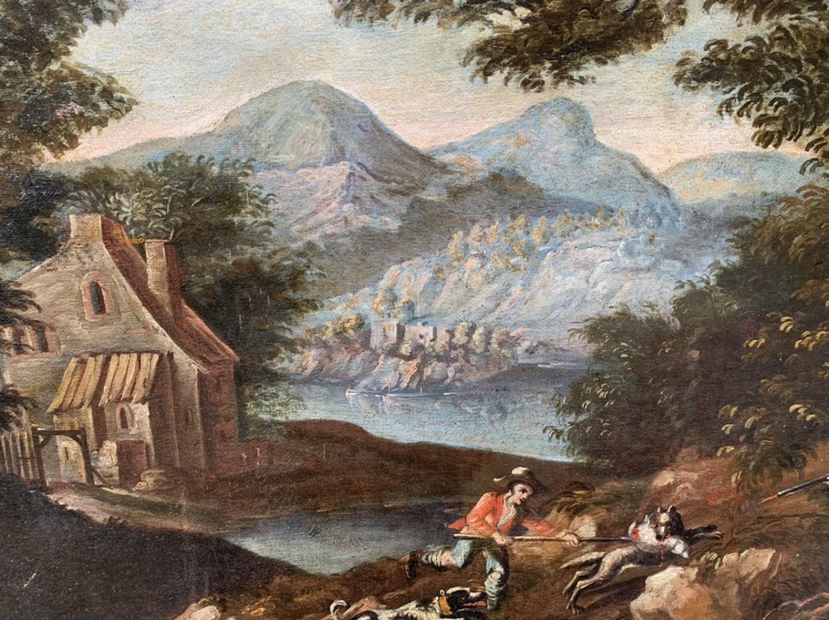 Paesaggio con cacciatori e lupo. XVIII secolo-photo-2