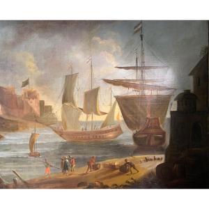 Grande dipinto scena nel porto con velieri. FINE XVIII secolo
