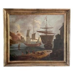 Grande dipinto scena nel porto con velieri. FINE XVIII secolo