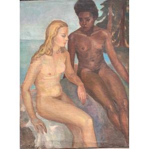 Dipinto dell’epoca Art Deco. Doppio nudo femminile. Circa 1940. 