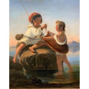 "Scugnizzi" o Piccoli pescatori napoletani. XIX secolo. Scenetta con Golfo di Napoli e Vesuvio.