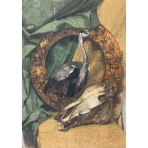 Memento mori, memento vivere: Grande dipinto con ghirlanda, Airone cenerino ed un Cranio