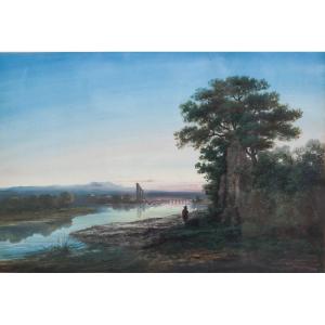 P. Pascal. Paesaggio con Pastore Ciociaro, il Ponte sul Tevere e le Rovine Antiche. 1880 ca.