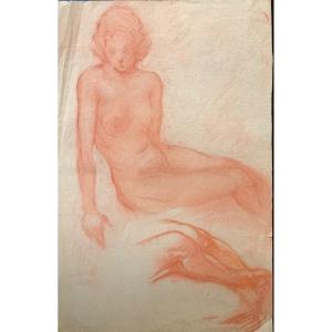 Studio di figura nuda femminile. Disegno a sanguigna su carta.