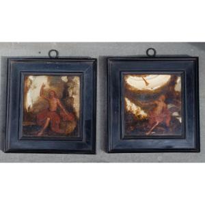 2 dipinti su alabastro: San Girolamo e San Giovanni Battista. Da Guercino. XVII sec