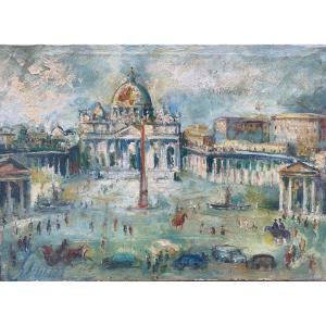 Place Saint-Pierre, Vatican, Rome. Peinture du peintre florentin Emanuele Cappello