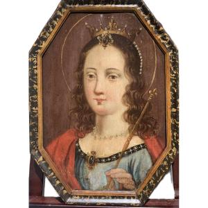 Santa Clotilde, Regina dei Franchi. Dipinto ottagonale su tavola, circa 1700.