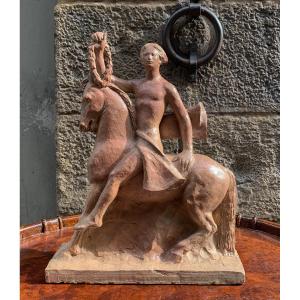 Eroe italico a cavallo, scultura in terracotta, Giorgio Rossi (1894–1981)