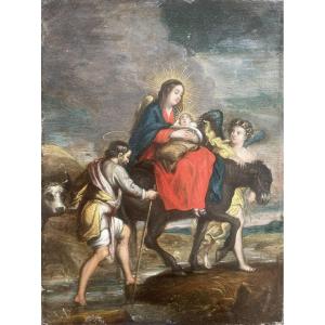 Fuga in Egitto. Olio su rame. Scuola Fiamminga. XVII secolo. Cm 23 x 17 