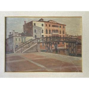 Venezia. Ponte ligneo e palazzo gotico, datato 1915 Olio su tavoletta
