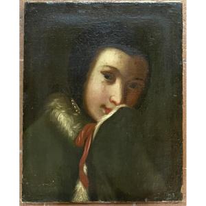 Ritratto di giovane donna in mantello con pelliccia e fiocco rosso. Ambito di Pietro Rotari