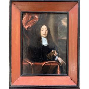 Ritratto di uomo con guanti davanti a una colonna — scuola di Leida, fine XVII secolo