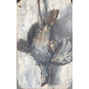 Bozzetto di selvaggina appena spennata appesa Olio su cartone, 23 x 38 cm 