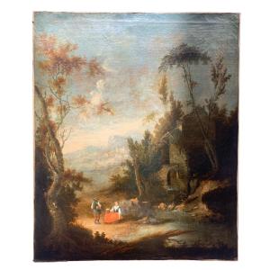 Scena pastorale con mulino e paesaggio boschivo, metà XVIII secolo . Cm 86 x 71