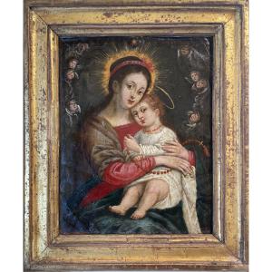 Madonna con Bambino e rosario in corallo Olio su rame. Italia meridionale, XVII sec