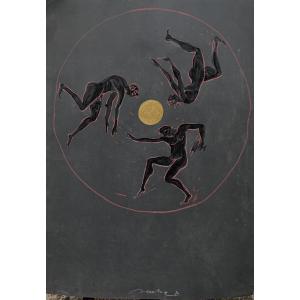 Dionisiaca. Tre figure maschili danzanti attorno al sole dorato. Marco Silombria 