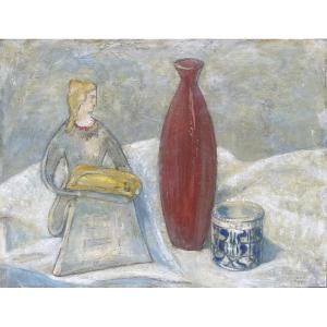 Giorgio Rossi (1892–1963) Statuetta e vaso rosso, 1957. Firmato e datato