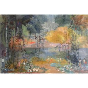 Magda Andrade (Venezuela, 1912 – Parigi, 1984) Magia tropicale. Paesaggio con palme e figure