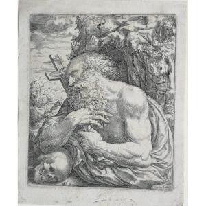 San Girolamo penitente con teschio e crocifisso, incisione inizio XVII secolo di Oliviero Gatti