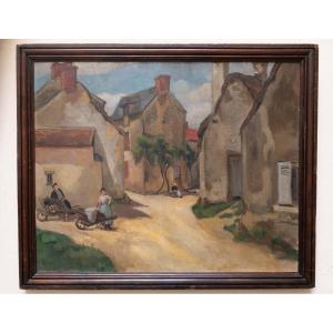 Villaggio francese con contadini e uva. Dipinto post-impressionista, ca. 1900