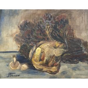 Jehan Frison (1882–1961), Natura morta con gallo e funghi, fauvismo belga, anni 1930–40  